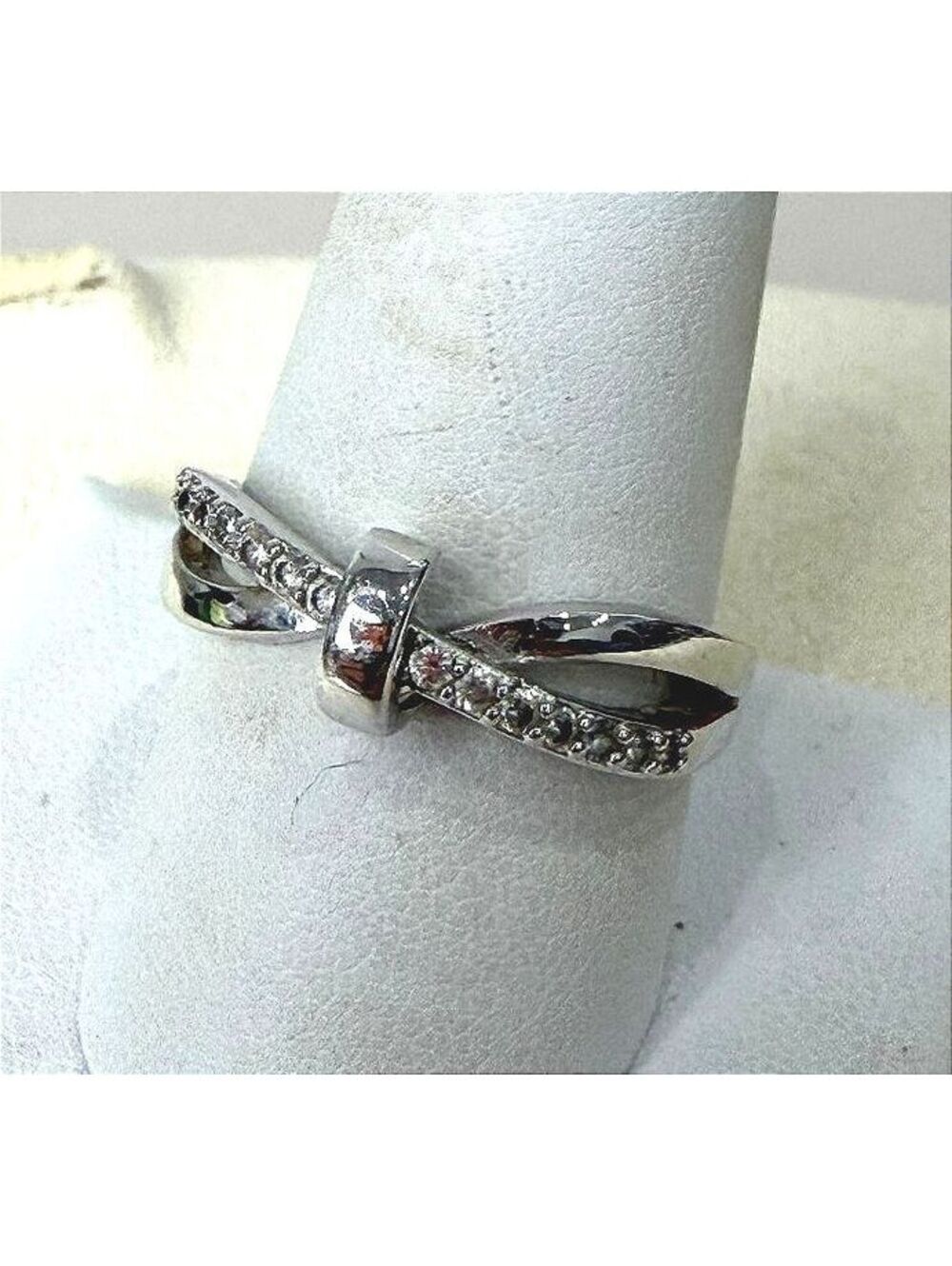 Silver Bow Accent Ring with Clear Stones Size 9.75